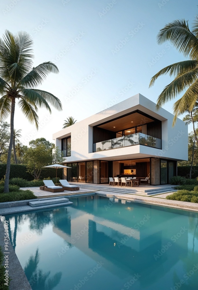 Fototapeta premium Exterior of amazing modern minimalist cubic villa with large swimming pool among palm tree