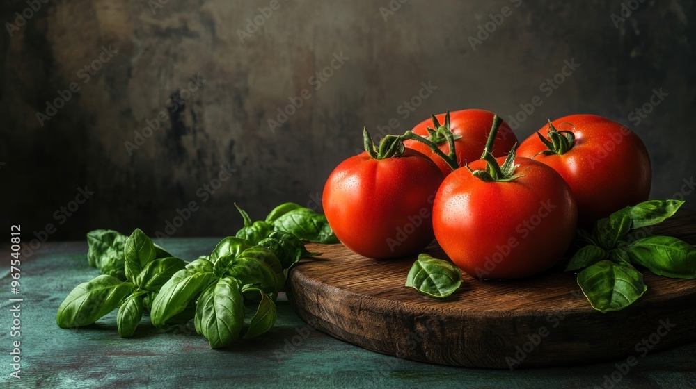 Fresh Red Tomatoes with Basil on Wooden Cutting Board Fresh Red Tomatoes with Basil on Wooden Cutting Board