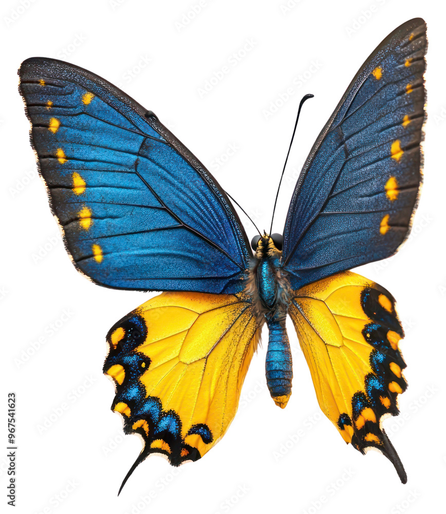 Fototapeta premium PNG A flying blue yellow butterfly photography background insect.