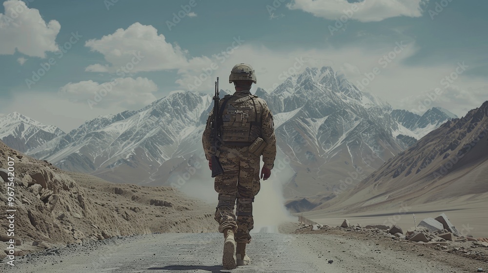 A soldier trekking away on a desert path with majestic mountains in the background A soldier trekking away on a desert path with majestic mountains in the background