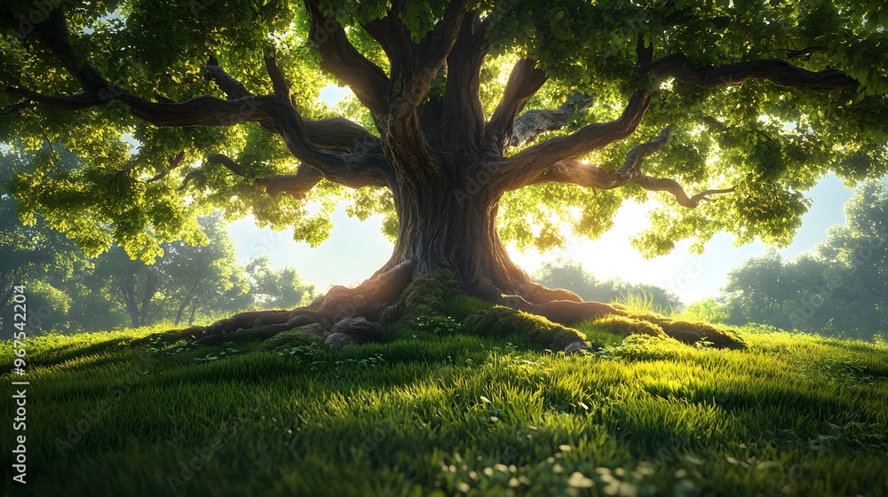 Fototapeta premium Majestic ancient oak tree, vibrant green foliage, expansive canopy, intricate root system visible, bright sunlight filtering through leaves, lush grass surrounding tree base.