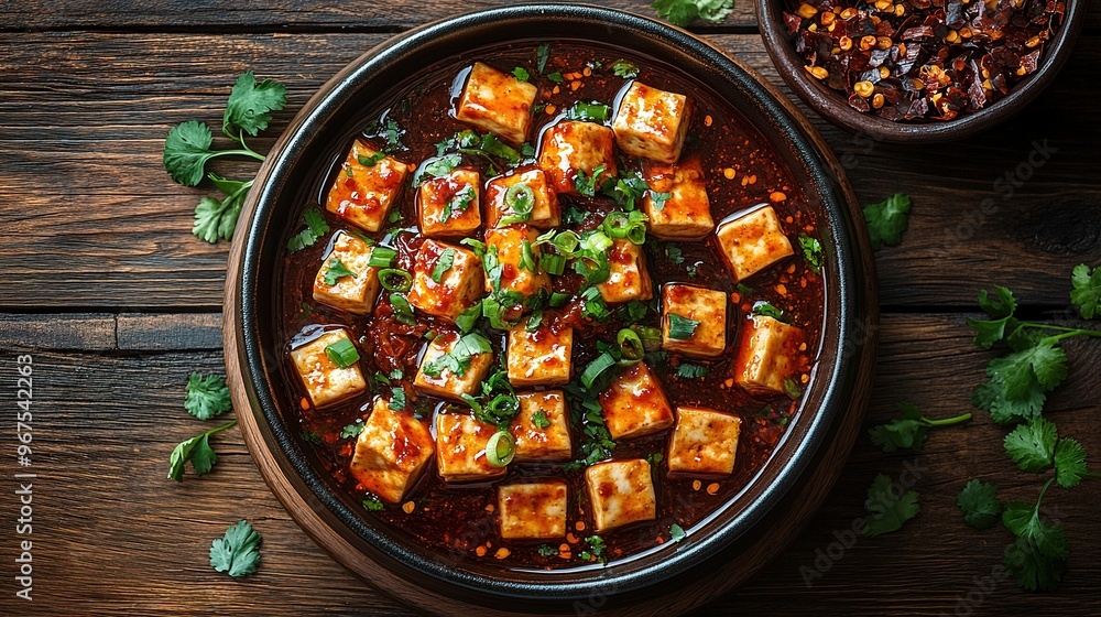 Sichuan-style Mala Tofu Dish with Rich Red Chili Oil and Delicate White Cheese Cubes on Wooden Table. Traditional Chinese Cuisine with Vibrant Colors and Top View Aesthetics. Sichuan-style Mala Tofu Dish with Rich Red Chili Oil and Delicate White Cheese Cubes on Wooden Table. Traditional Chinese Cuisine with Vibrant Colors and Top View Aesthetics.