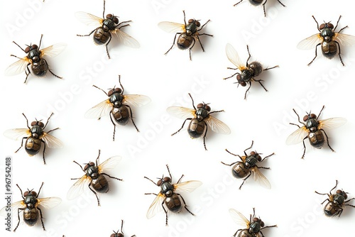 a whole view of multiple flies on isolated white background, view from above, editorial photography