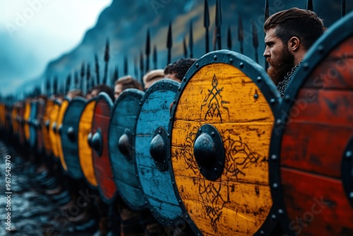 Warriors in a line holding vibrantly colored Viking shields, standing ready for battle in a misty mountainous area, reflecting the anticipation and bravery of ancient times. photo