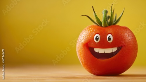 Smiling Tomato Vegetable Cartoon Character on Yellow Background