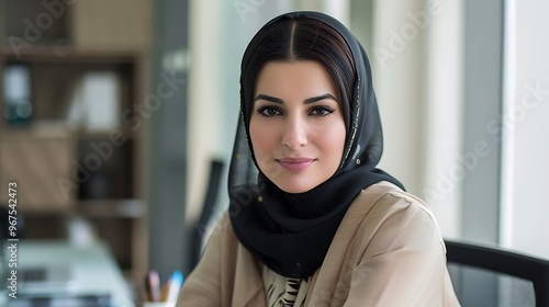 Beautiful Middle Eastern Manager at Desk in Office, Business Theme, Portrait Shot, Plain Office Background