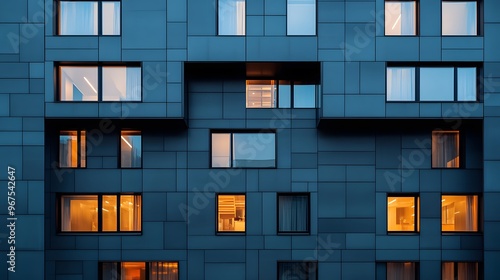 Modern gray building facade, geometric glass windows, sleek architectural lines, reflective surfaces, warm interior lighting, dusk atmosphere, minimalist design, urban cityscape.