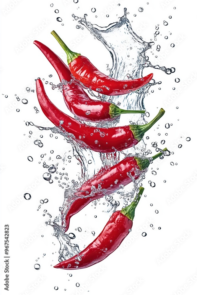 Red chili peppers splashing in water on white background Red chili peppers splashing in water on white background