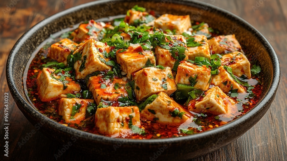 Sichuan-style Mala Tofu Dish with Rich Red Chili Oil and Delicate White Cheese Cubes on Wooden Table. Traditional Chinese Cuisine with Vibrant Colors and Top View Aesthetics. Sichuan-style Mala Tofu Dish with Rich Red Chili Oil and Delicate White Cheese Cubes on Wooden Table. Traditional Chinese Cuisine with Vibrant Colors and Top View Aesthetics.