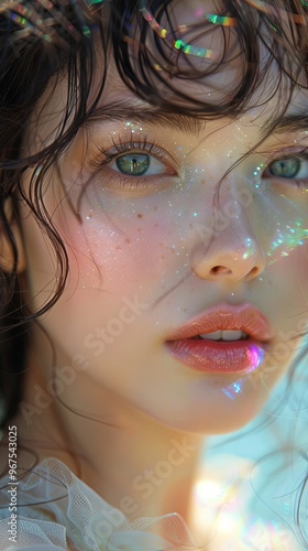 A stunning portrait of a model featuring a watercolor makeup style. 