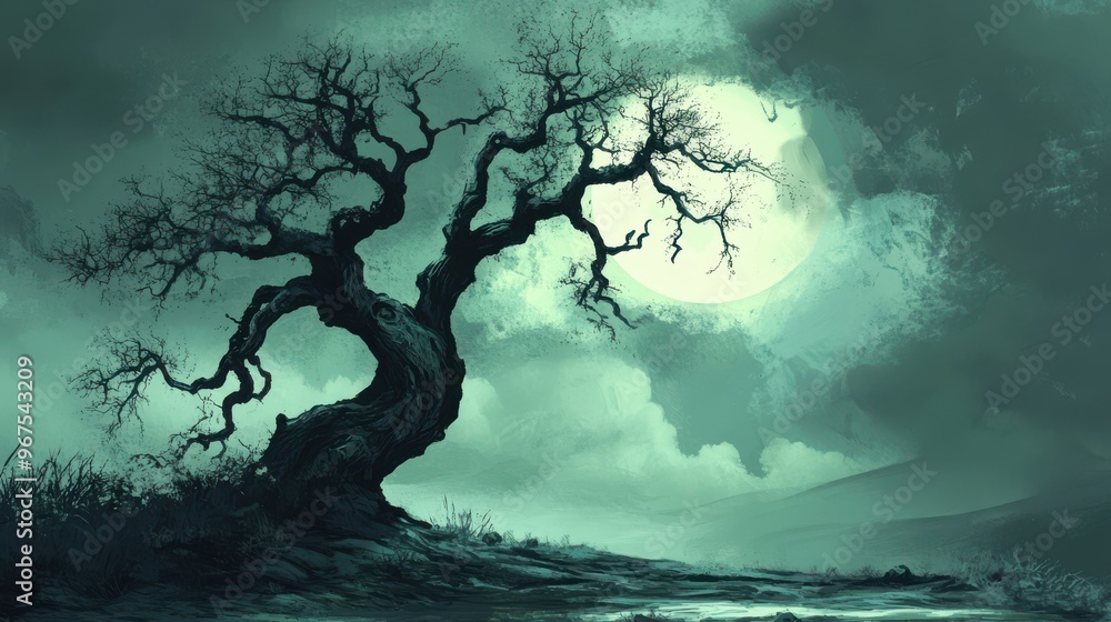Fototapeta premium A haunting tree silhouette against a moody night sky, illuminated by a glowing full moon, perfect for eerie themes.