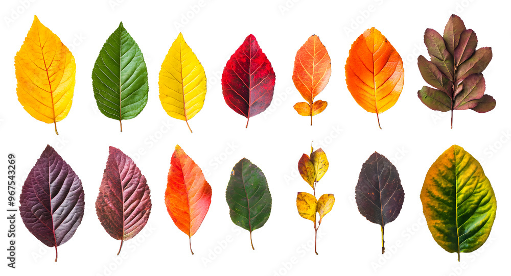 Colorful autumn leaves arranged by hue in a creative display isolated on transparent background Colorful autumn leaves arranged by hue in a creative display isolated on transparent background
