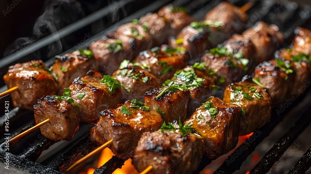 Sizzling lamb skewers, chargrilled kebabs, juicy meat chunks, caramelized edges, fresh green herbs sprinkled on top, metal grill background, close-up food photography. Sizzling lamb skewers, chargrilled kebabs, juicy meat chunks, caramelized edges, fresh green herbs sprinkled on top, metal grill background, close-up food photography.