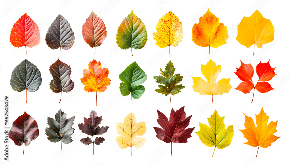 Diverse autumn leaves showcasing colors and shapes of fall season isolated on transparent background Diverse autumn leaves showcasing colors and shapes of fall season isolated on transparent background