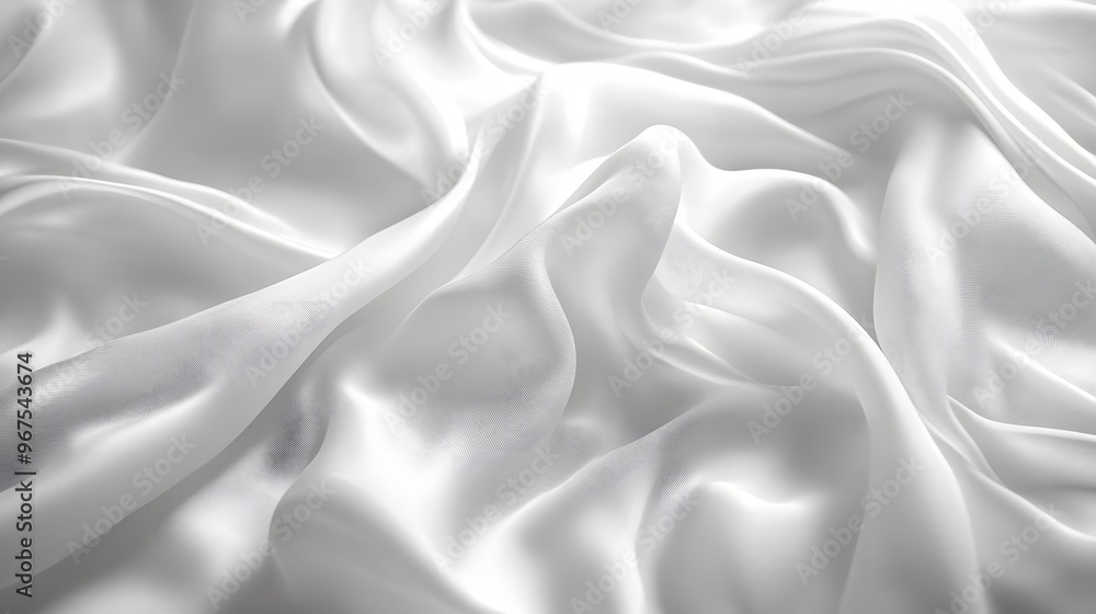 Fototapeta premium White flowing fabric, silky texture, elegant drapery, floating cloth, dynamic movement, graceful folds, ethereal material, lightweight textile, soft waves, abstract form.