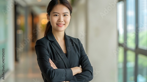 Professional Asian Woman in Office Clothing, Confident Smile, Business Theme, Portrait Shot, Plain Office Background, Asian