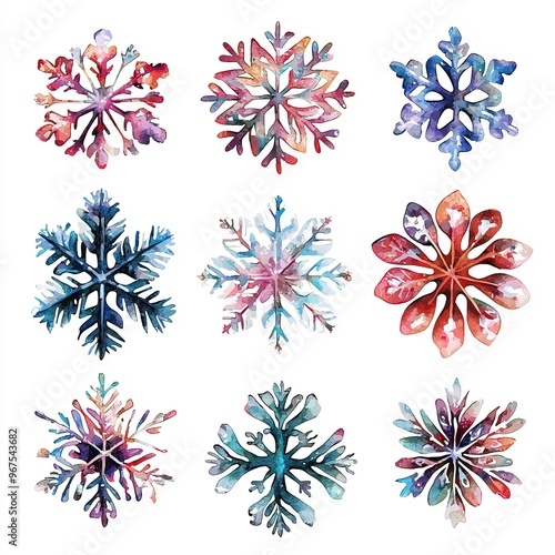 set of nine beautiful watercolor crystal ice snowflakes isolated on white background