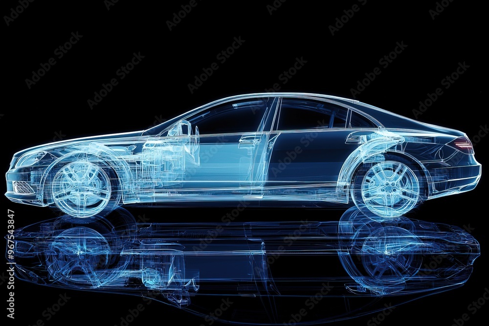 side view transparent modern car in x ray in blue light on black background side view transparent modern car in x ray in blue light on black background