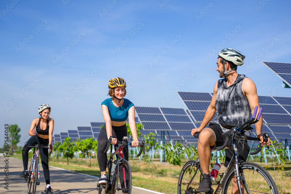 People are exercising near solar powerplant. People are exercising near solar powerplant.
