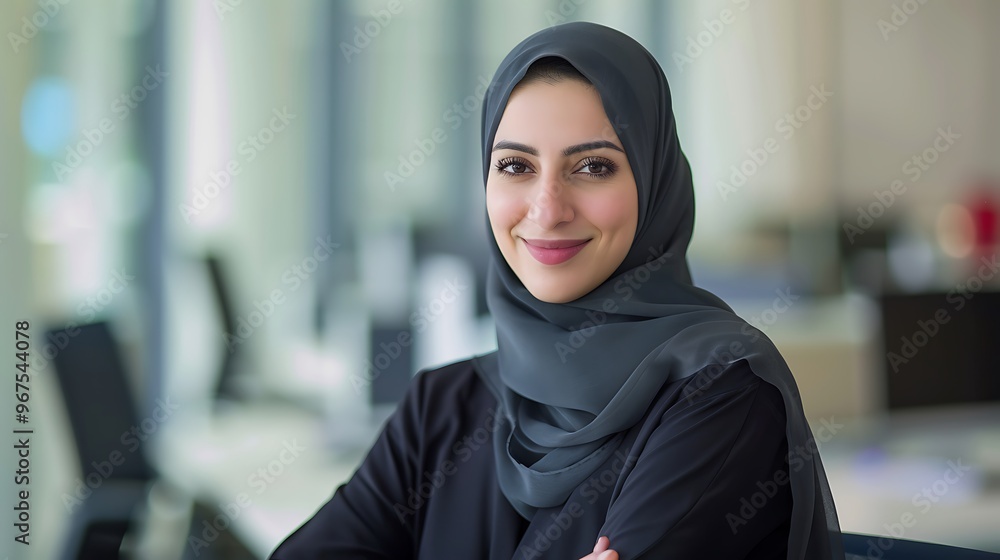 Portrait of Attractive Beautiful Middle Eastern Manager at Desk in Office, Business Theme, Portrait Shot, Plain Office Background