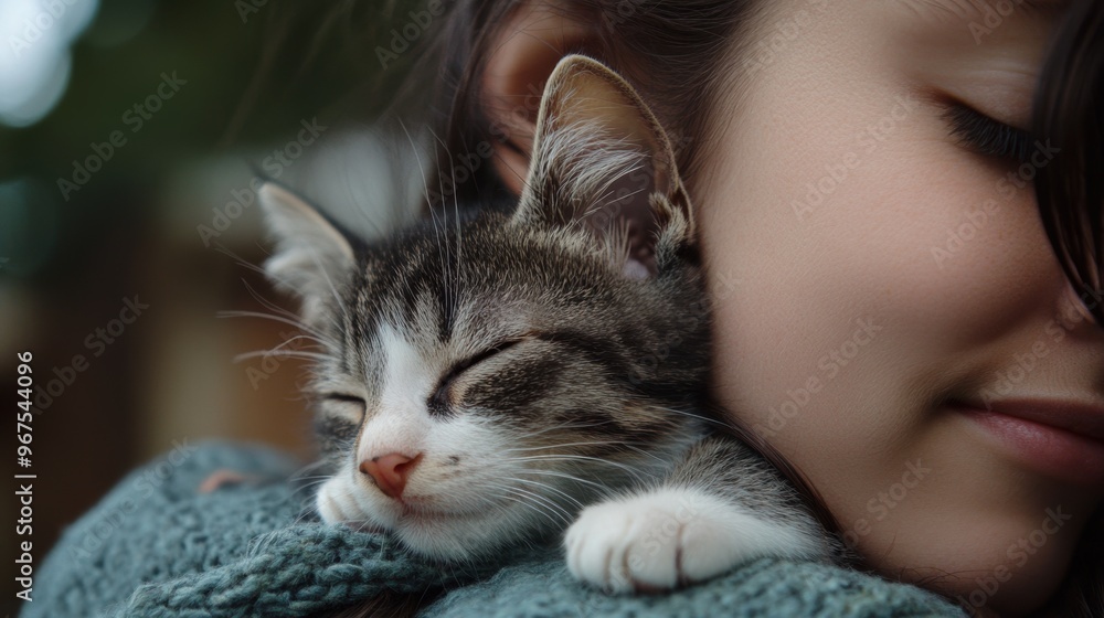 Peaceful Kitten Napping Comfortably in a Cozy Embrace Peaceful Kitten Napping Comfortably in a Cozy Embrace