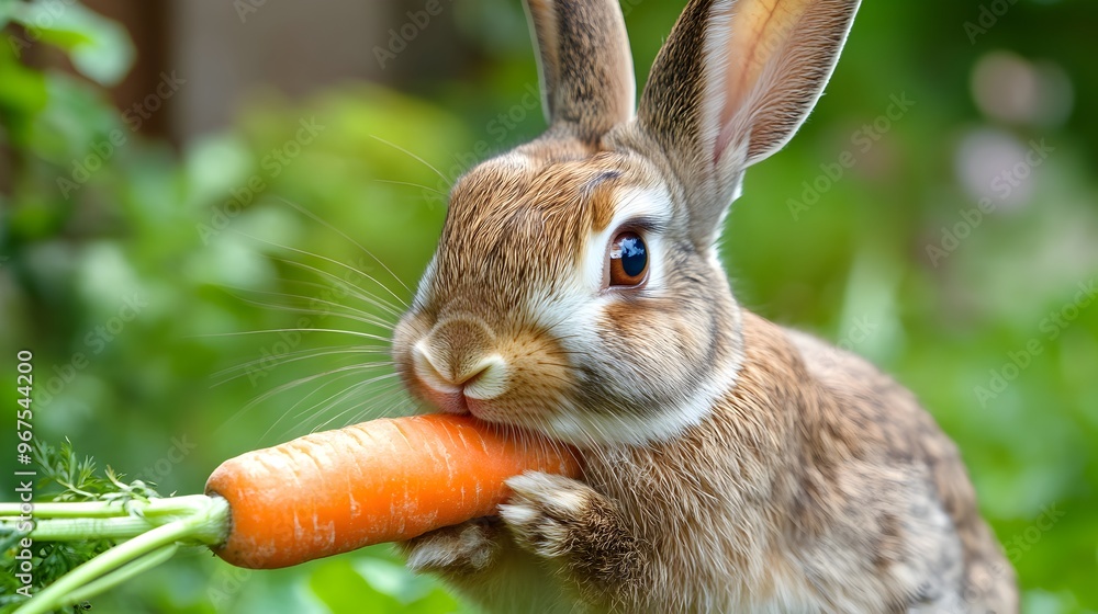 Obraz premium Adorable Rabbit Nibbling on Fresh Carrot in Grassy Garden