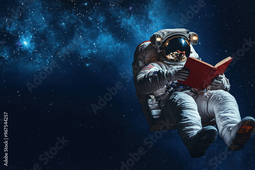 Floating astronaut reading a book with distant galaxy photo