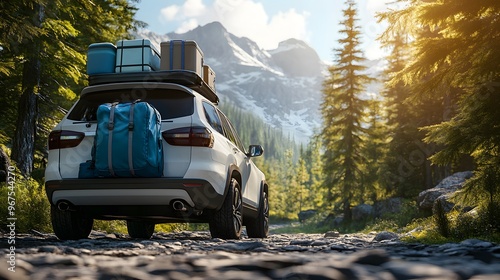 White SUV, open trunk, packed luggage, blue backpack, travel suitcases, forest background, road trip preparation, sunny day, pine trees, vacation gear, organized packing.