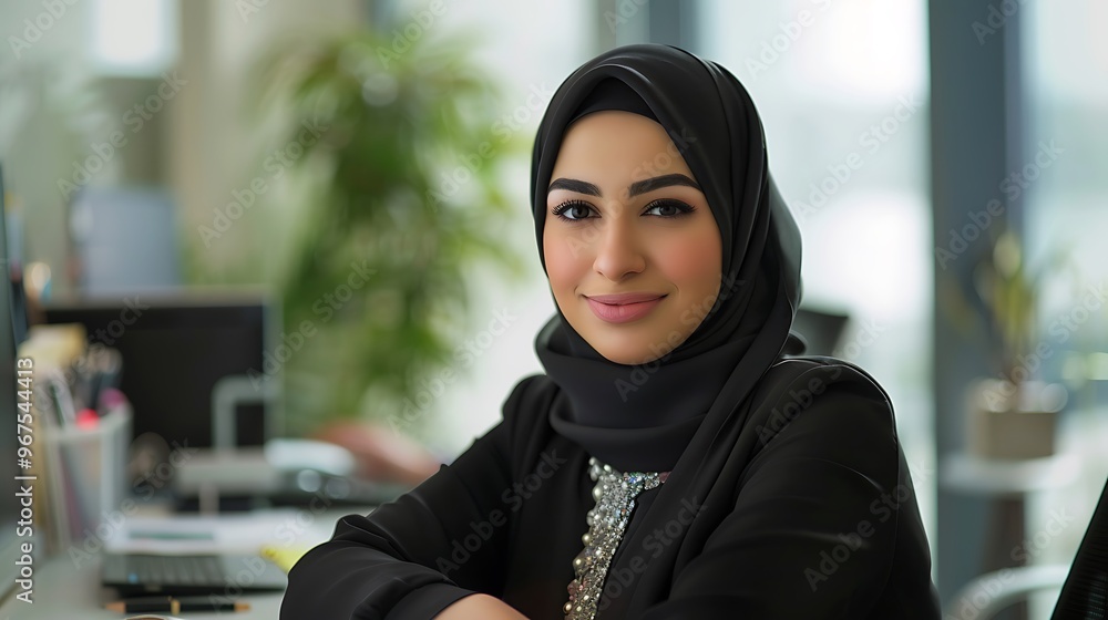 Portrait of Attractive Beautiful Middle Eastern Manager at Desk in Office, Business Theme, Portrait Shot, Plain Office Background Portrait of Attractive Beautiful Middle Eastern Manager at Desk in Office, Business Theme, Portrait Shot, Plain Office Background