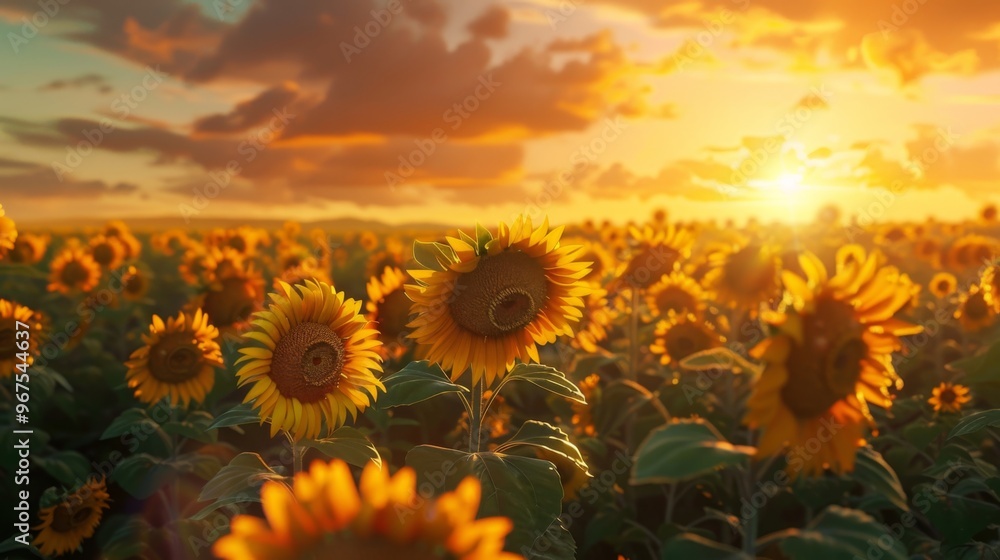 Obraz premium Golden Sunflowers in a Vibrant Field at Sunset with Soft Clouds and Warm Light