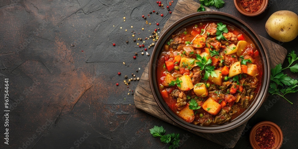 Cabbage and Potato Stew in a Crock Pot Served in a Ceramic Baking Dish Top View with Copy Space Flat Lay Cabbage and Potato Stew in a Crock Pot Served in a Ceramic Baking Dish Top View with Copy Space Flat Lay