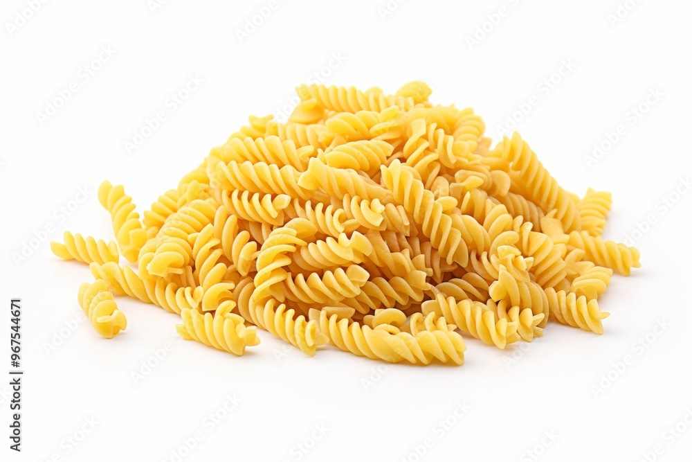 Colorful uncooked pasta spirals arranged on a clean white background for culinary presentation Colorful uncooked pasta spirals arranged on a clean white background for culinary presentation