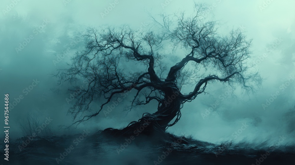 A hauntingly beautiful silhouette of a twisted tree against a misty background, evoking a sense of mystery and tranquility. A hauntingly beautiful silhouette of a twisted tree against a misty background, evoking a sense of mystery and tranquility.