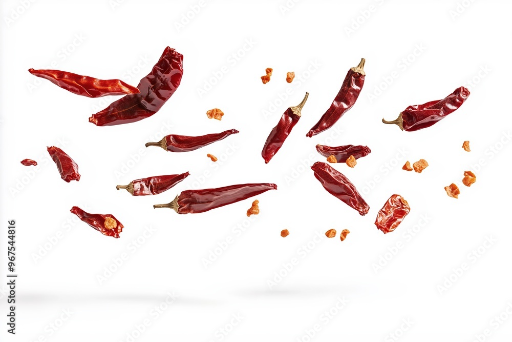 Dried red chili peppers falling down on white background Dried red chili peppers falling down on white background