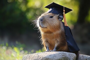 adorable capybara wearing black graduation hat and gown on blurred background