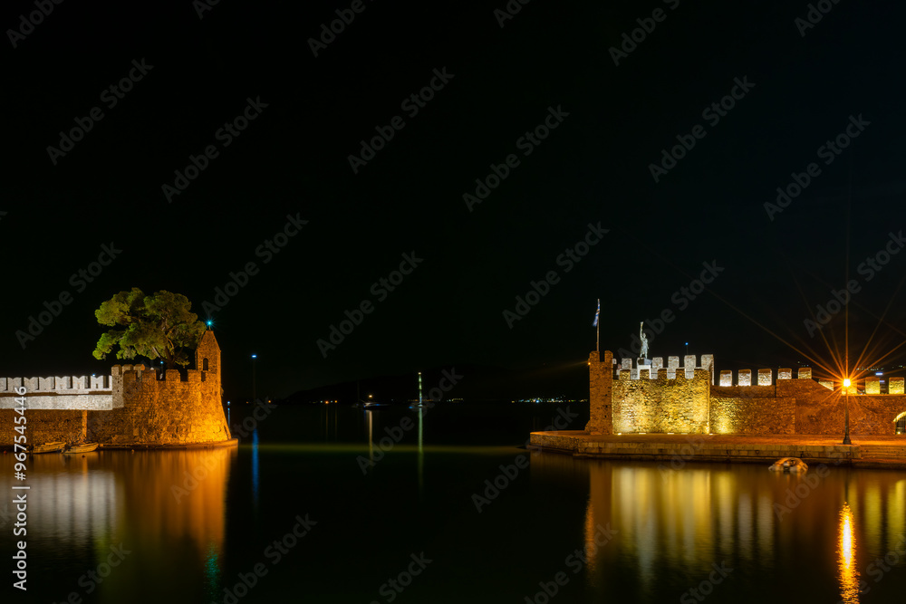 Night view of port of Nafpaktos in Greece.