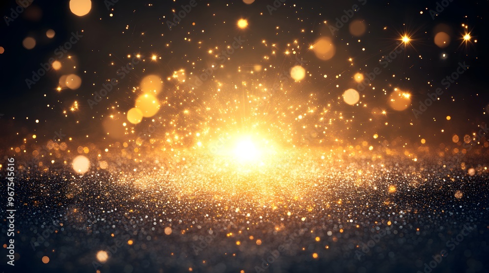 Obraz premium Golden Glitter Sparkles and Bokeh Lights on Black Background