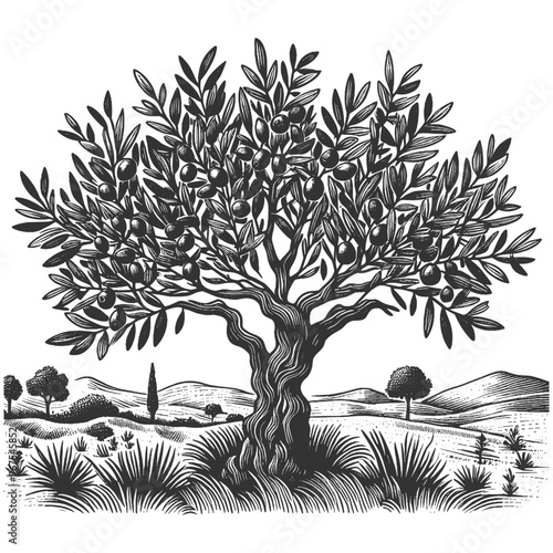 olive tree full of ripe olives, set in a serene landscape with intricate root system and foliage sketch engraving generative ai vector illustration. Scratch board imitation. Black and white image.