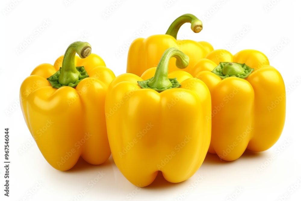 Freshly harvested yellow bell peppers arranged together on a white background for a vibrant display Freshly harvested yellow bell peppers arranged together on a white background for a vibrant display