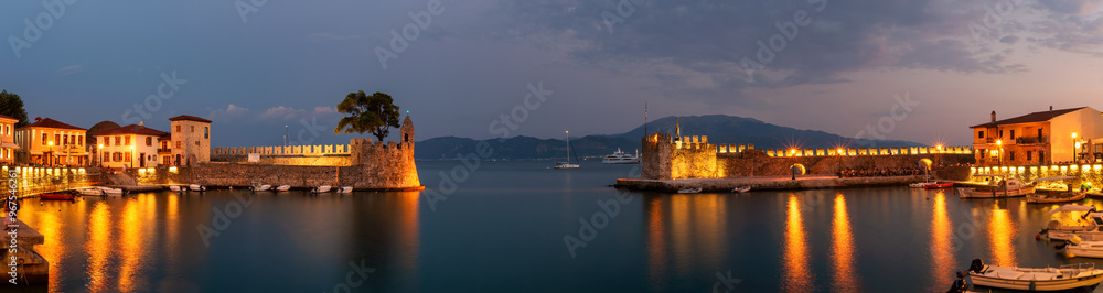 Panorama of Nafpaktos in greece against a dramatic sky.