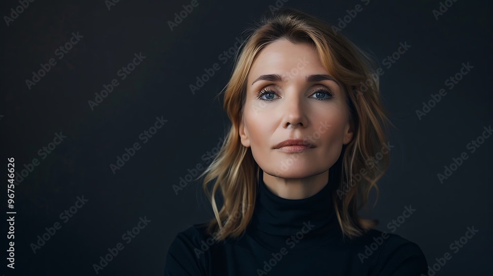 Fototapeta premium Middle Aged Woman in Black Turtleneck, Middle Aged, Woman, Black Turtleneck