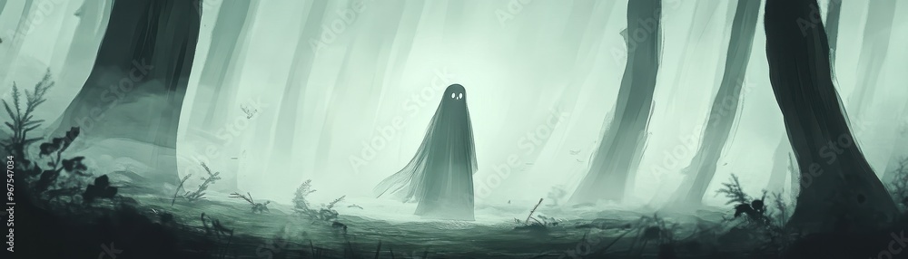 A mysterious figure cloaked in darkness stands in an eerie forest, shrouded in fog and illuminated by a faint glow. A mysterious figure cloaked in darkness stands in an eerie forest, shrouded in fog and illuminated by a faint glow.