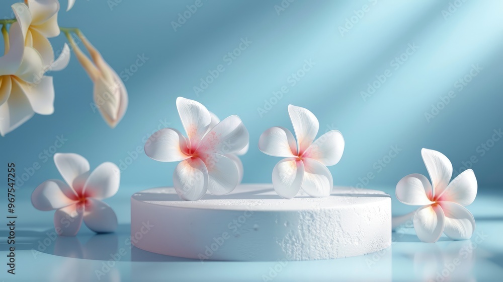 Cubic podium with flowers on blue background for cosmetic product display Cubic podium with flowers on blue background for cosmetic product display