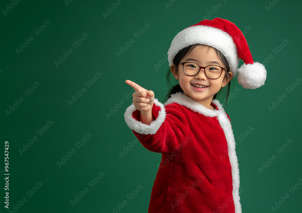 asian little girl (10 years old, smiling, looking at camera, Santa costume, dreadlocks, glasses), pointing with finger to the side at empty space on green background. New Year, Christmas, holiday asian little girl (10 years old, smiling, looking at camera, Santa costume, dreadlocks, glasses), pointing with finger to the side at empty space on green background. New Year, Christmas, holiday