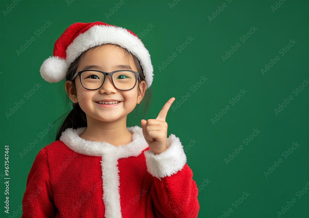 asian little girl (10 years old, smiling, looking at camera, Santa costume, dreadlocks, glasses), pointing with finger to the side at empty space on green background. New Year, Christmas, holiday asian little girl (10 years old, smiling, looking at camera, Santa costume, dreadlocks, glasses), pointing with finger to the side at empty space on green background. New Year, Christmas, holiday