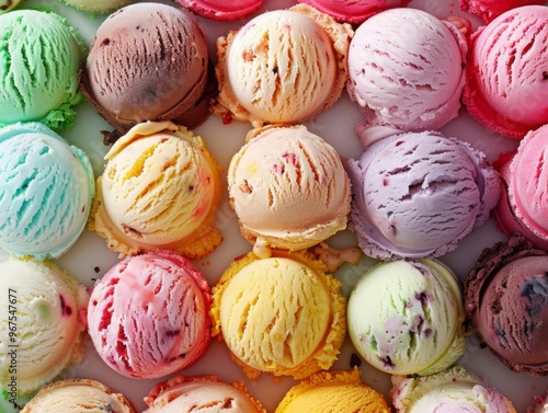 23 Round scoops of ice cream, assorted colors, closeup, light setting