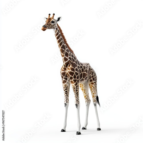 Against a stark white backdrop, a majestic giraffe stands tall photo