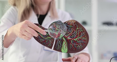 Anatomical liver with gall bladder and pancreas and magnifying glass in hands of a doctor