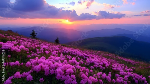 Stunning Sunset Over Vibrant Rhododendron Blooms in Majestic Alpine Landscape