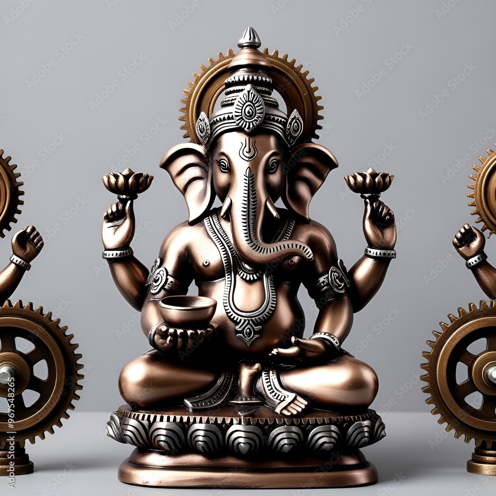 Fototapeta premium Three bronze statues of the Hindu god Ganesha, intricately designed, showcasing his iconic elephant head and multiple arms.